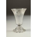 A GOOD SMALL 18TH CENTURY WINE GLASS with inverted bell bowl engraved with fruiting vines. 2.75ins