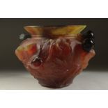 A SUPERB DAUM GREEN AND ORANGE FIG BOWL etched with leaves and figs in relief. Signed Daum,