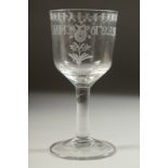 A LARGE 18TH CENTURY GLASS GOBLET, engraved " SUCCESS TO THE MINES" etched with a Yorkshire rose.