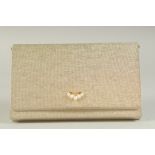 A MIKIMOTO GINZA TOKYO GOLD COLOURED AND PEARL EVENING BAG, 7.5ins long.