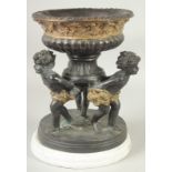 A GOOD BRONZE CIRCULAR COMPORT, the bowl held by three cupids on a circular base. 12ins high, 8.5ins