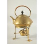 A GOOD BRASS CIRCULAR KETTLE on a stand with spirit burner, possibly CHRISTOPHER DRESSER. 7ins