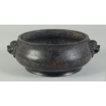 A GOOD CHINESE BRONZE SILVER INLAID CIRCULAR CENSER with dragon handles. 8ins diameter.