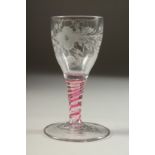 A GOOD SMALL JACOBEAN WINE GLASS, the bowl engraved with a rose and butterfly with pink and white