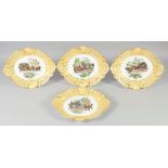 A SET OF FOUR CONTINENTAL YELLOW GROUND OVAL STAGECOACH DISHES. 12ins wide.