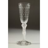 A GOOD 18TH CENTURY ENGLISH WINE GLASS the bowl engraved with stars, with air twist stem. 7.5ins
