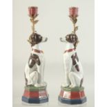 A PAIR OF BLACK AND WHITE PORCELAIN SEATED DOG CANDLESTICKS with metal candle holders. 13ins high.