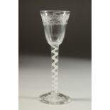 AN 18TH CENTURY ENGLISH WINE the bowl with roses and scrolls with white twist stem. 6ins high.