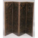 A VERY GOOD TOLEDO FOUR FOLD LEATHER SCREEN with panels of birds and foliage. 5ft high, 5ft 4ins