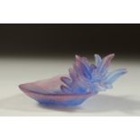 A SMALL DAUM BLUE GLASS FLOWERS AND LEAF. Signed, Daum, France. 3.25ins in original box.