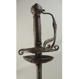 AN ENGLISH DISH HILTED RAPIER, slender diamond section 42in blade with single narrow fuller stamped