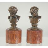 F. BARBEDIENNE. A PAIR OF MINIATURE BRONZE BUSTS, on wooden bases. 2ins high. Signed.