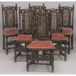 A GOOD SET OF SIX CAROLEON STYLE OAK SINGLE CHAIRS with cane work back and seats and barley twist