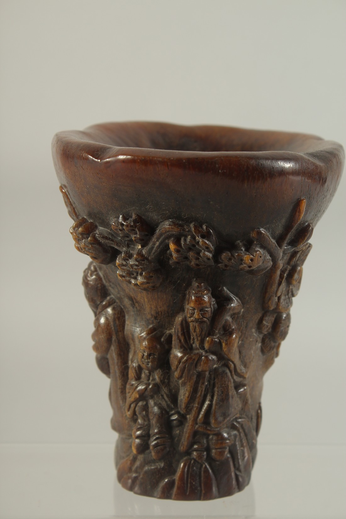 A CHINESE CARVED HORN LIBATION CUP. 5.5ins high. - Image 2 of 6