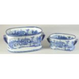 TWO BLUE AND WHITE PORCELAIN FOOT BATHS. 17ins & 12ins wide.