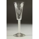 A GOOD 18TH CENTURY ENGLISH WINE GLASS with tapering bowl, engraved with hops, with white twist