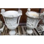 A LARGE AND IMPRESSIVE PAIR OF ITALIAN CARVED WHITE MARBLE TWIN HANDLED, one repaired. 4ft high (