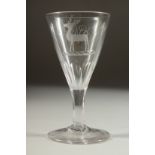 A GOOD 18TH CENTURY ENGLISH WINE GLASS with tapering bowl, engraved with a stag. 4.5ins high.