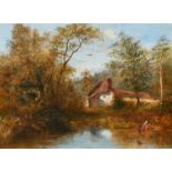 Henry Harris, A view of a cottage surrounded by trees with a figure collecting water from the river,