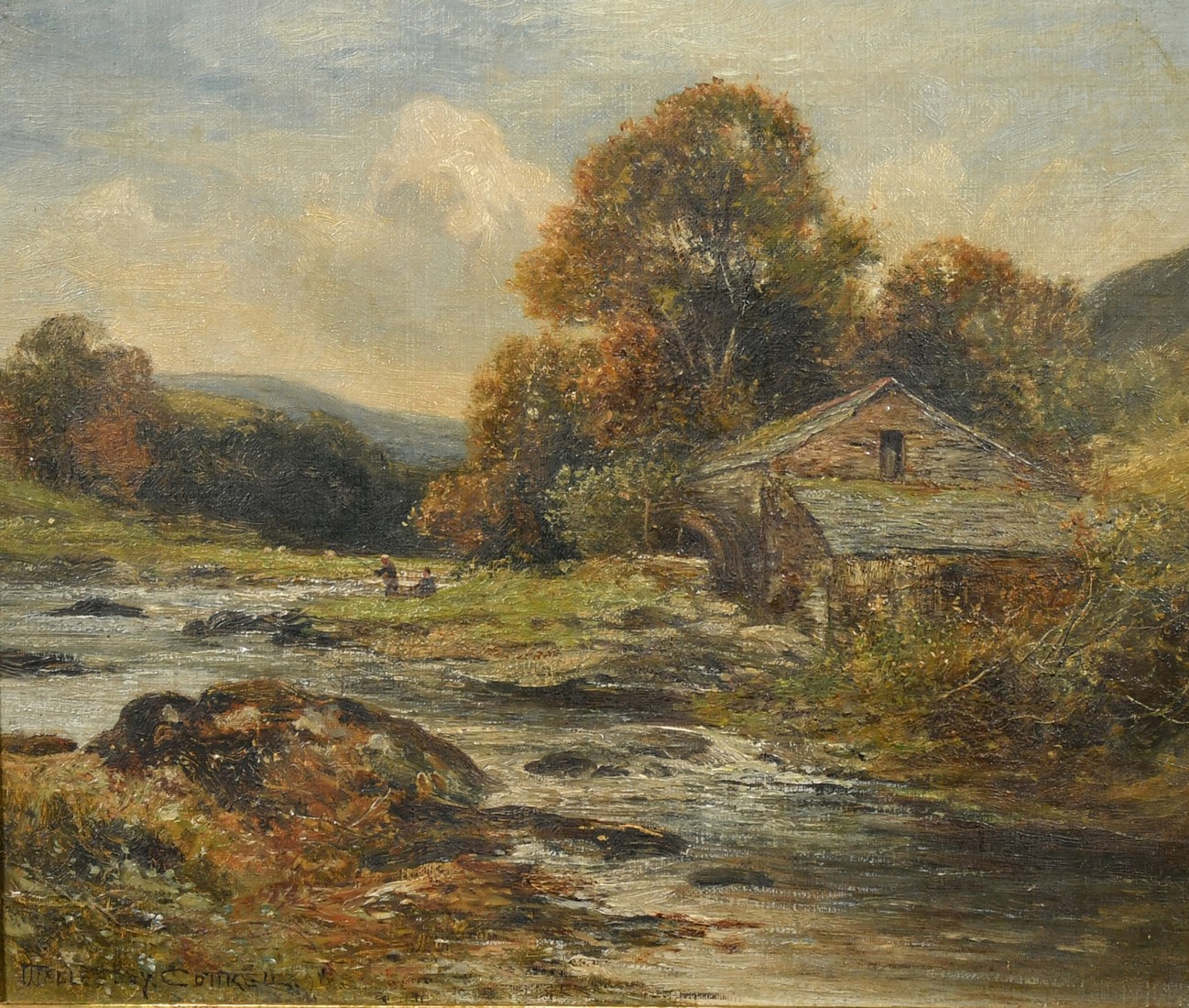 Arthur Wellesley Cottrell, circa 1898, 'An Old Mill, North Wales', anglers by a river, oil on canvas