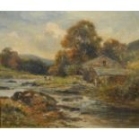 Arthur Wellesley Cottrell, circa 1898, 'An Old Mill, North Wales', anglers by a river, oil on canvas