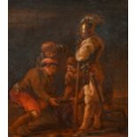 Late 19th Century, a guard wearing armour watching over three men playing a game, oil on metal, 9.5"