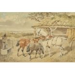J. F. Herring Jnr (1815-1907), British, A group of four horses, three wearing yokes and one with a