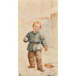 Jean Jules Henry Geoffroy (1853-1924) French, a young boy holding a snowball, watercolour, signed,