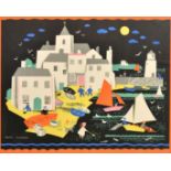 Peggy Wickham, A busy harbour scene in an original Oak frame, colour print, 11" x 4.25", (