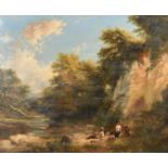 19th Century, circa 1880, A tranquil river scene with figures resting with a donkey, oil on