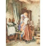 19th Century, a scene of figures gathered around a bedside, watercolour, signed with initials, G.G.,