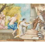 18th Century, after Durand, maidens before a King, gouache possibly on vellum, 6.75" x 9", (17x22.