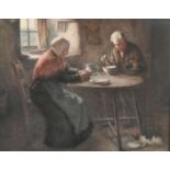 After H.J. Dobson, A colour print of a Scottish couple having a frugal meal in an oak parcel gilt