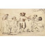 Follower of Thomas Rowlandson, A group of figures with a dog sitting and standing near a tree, ink
