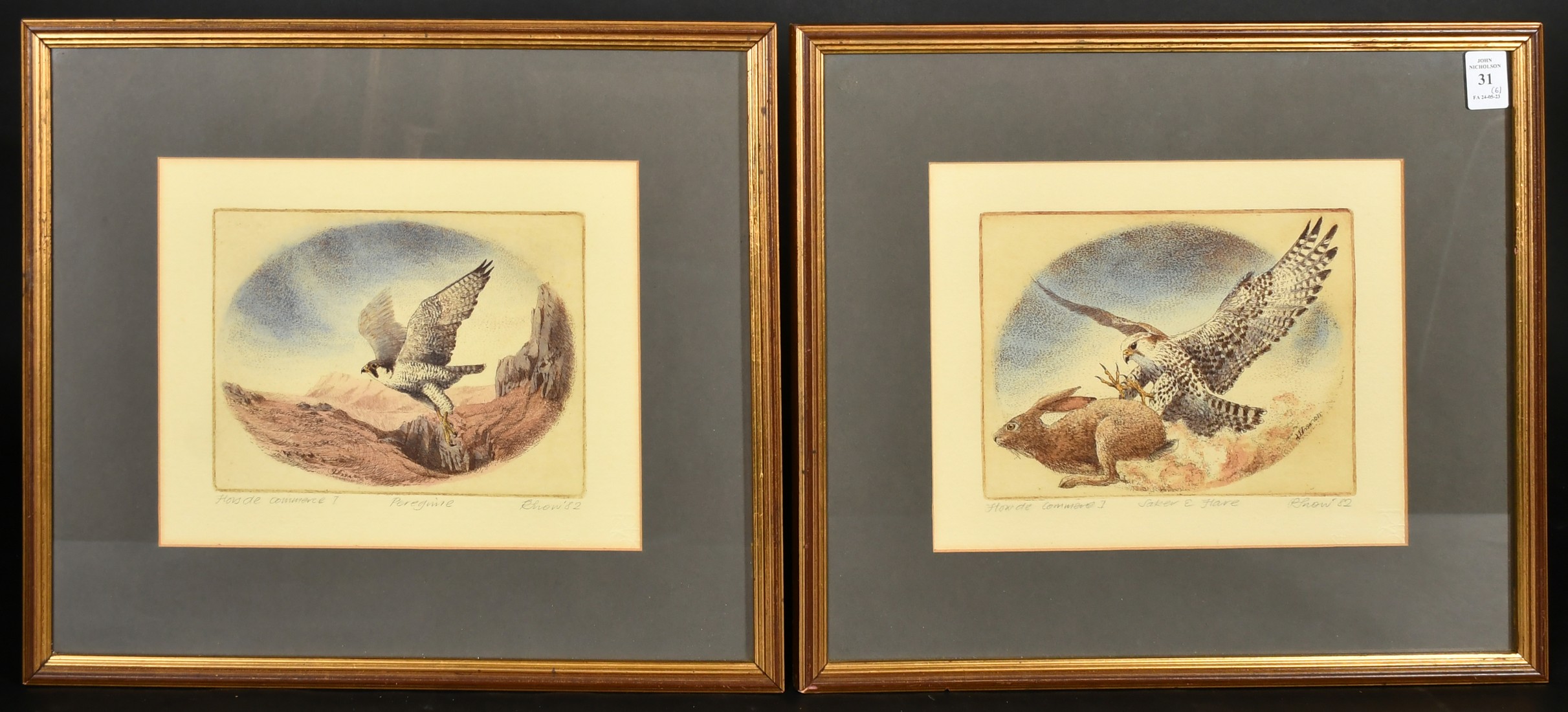 20th Century, a group of six prints relating to birds of prey, each signed and inscribed in - Image 2 of 4