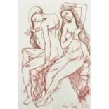 Indian School, Two scantily clad female figures, pastel, signed, 21.5" x 14.5", (54.5x37cm).