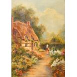Eve Maryon, A pair of cottage scenes with flowers in bloom and figures, a Cornish cottage and a