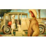 Favio Hurtado, a colour print, of a lady, child and dog by a vintage motor car, 15.25" x 26.25", (