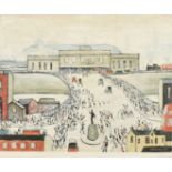 Laurence Steven Lowry (1887-1976), 'Station Approach', a crowd heading towards a station, colour