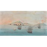 Neapolitan School (19th Century), Naples coastline with ships and Vesuvius in the distance, 13" x