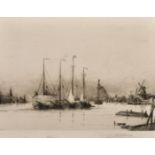 Leigh Harrison Hunt (1858-1937), boats in a harbour, etching, signed in pencil, plate size 14" x