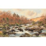 George Drummond Fish (1876-1938), A tree lined river scene with large boulders, watercolour, signed,