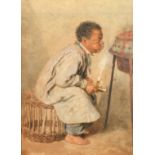 W. Hunt (19th Century), 'Lighting the Brazier', watercolour, signed, Agnews label verso, 14" x