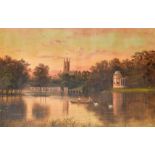 James Lewis, figures in a rowing boat by swans with a church beyond, oil on canvas, signed, 20" x