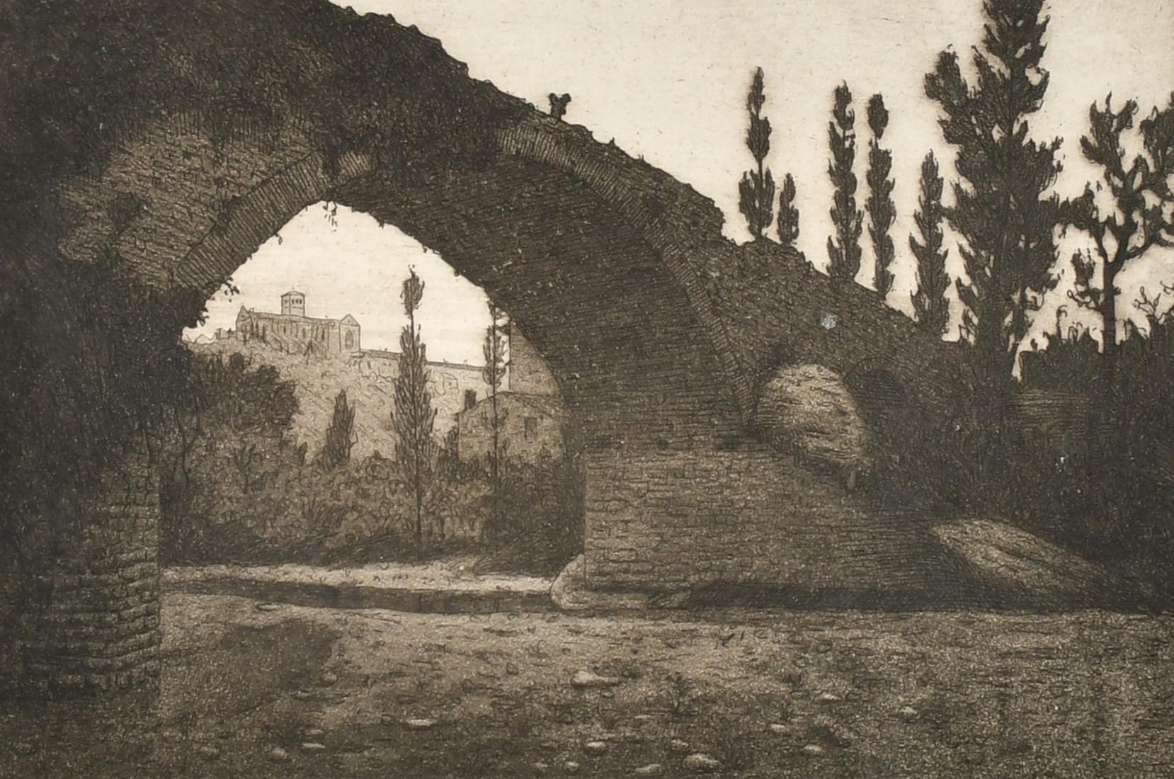 Laurenzini (20th Century), a view of the Castel D'Angelo, Rome, engraving, signed and inscribed in