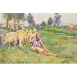 Oscar Pereira Da Silva (1867-1939) Brazilian, a shepherd and his flock in an open landscape, oil