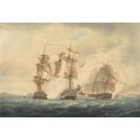Robert Pollard after Pocock, a naval engagement off Brest, a hand-coloured aquatint, 18" x 24", (