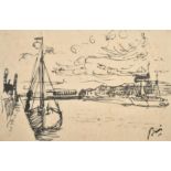 French School, circa 1900, 'The Port, Deauville', an ink sketch of a boat alongside a quay,
