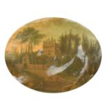 Early 19th Century Continental School, a Southern view of a castle in a landscape, oil on metal,