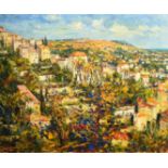 Josine Vignon (1922-2022), A continental view of a hillside village, oil on canvas, signed and